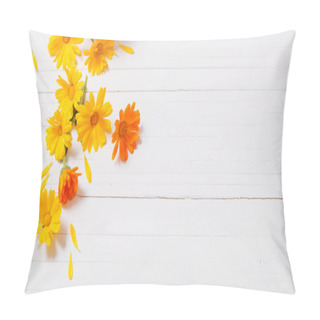 Personality  Calendula (Marigold) Herbal Tea  On White Wooden Table Pillow Covers