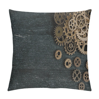 Personality  Top View Of Vintage Metal Gears On Dark Wooden Background Pillow Covers