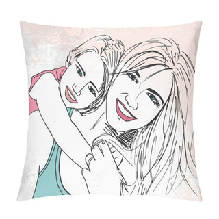 Personality  Sketch Of Little Girl Having Fun With Her Beautiful Mother. Vect Pillow Covers