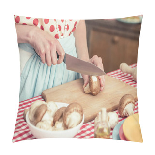 Personality  Cropped Shot Of Housewife In Polka Dot Shirt Cutting Mushrooms At Kitchen Pillow Covers