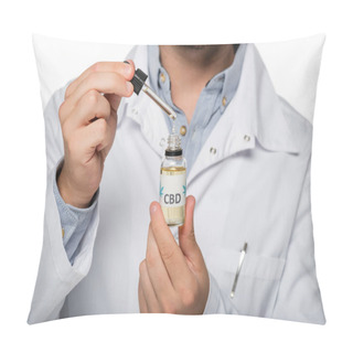 Personality  Partial View Of Physician With Vial Of Cannabis Oil Isolated On White Pillow Covers