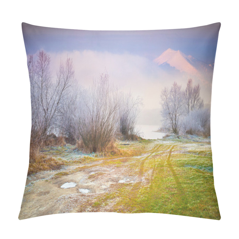 Personality  First frost in the forest. Foggy autumn sunset pillow covers
