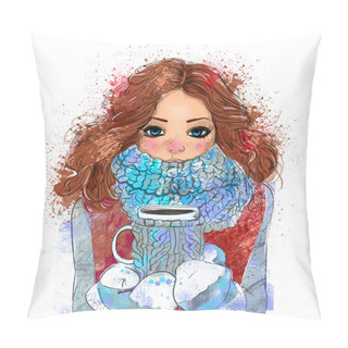 Personality  Cute Winter Girl With Coffee Cup Pillow Covers