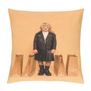 Personality  Full Length View Of Girl In Tiger Makeup And Stylish Clothes Near Shopping Bags On Beige Pillow Covers
