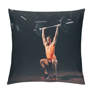 Personality  Attractive Athletic Man Working Out With Barbell In Dark Gym Pillow Covers