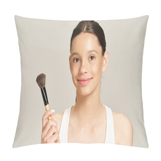 Personality  A Stylish Teenage Girl Holds A Makeup Brush In Her Hand, Getting Ready To Apply Makeup. Pillow Covers