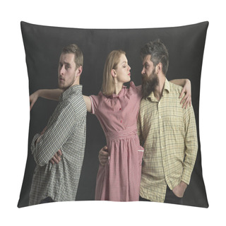 Personality  Filling The Wardrobe With Trendy Classics. Stylish People With Retro Look. Sensual Woman And Men In Retro Style. Fashion Models Wear Vintage Clothing And Retro Dress. Plaid Print Fashion Collection Pillow Covers