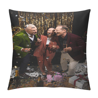 Personality  Positive Interracial Friends With Champagne Singing Karaoke During New Year Party On Black Background  Pillow Covers