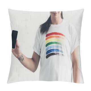 Personality  Cropped Shot Of Young Transgender Woman In White T-shirt With Pride Flag Holding Smartphone With Blank Screen In Front Of White Brick Wall Pillow Covers
