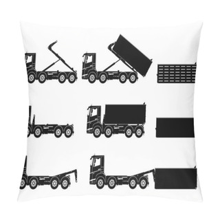 Personality  Silhouettes Of Roll On-off Hook Loading Skip Truck. Set Of Skip Trucks With Containers. Side View Of Roro Skips. Flat Vector. Pillow Covers