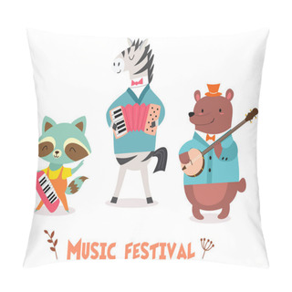 Personality  Stylish Card Or Poster With Cute Animal Band In Cartoon Style.Vector Illustration With Animal Musicians In Music Festival. Pillow Covers