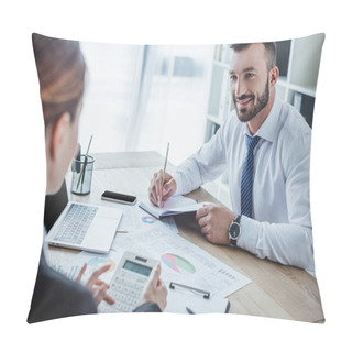 Personality  Smiling Financiers Looking At Each Other During Work In Office Pillow Covers