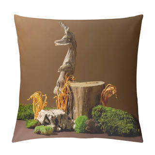 Personality  Wooden Platform With Green Moss And Cordyceps On Brown Background. Space To Display Products. Cordyceps Is Very Good For People With High Blood Pressure And Helps Treat Complications. Pillow Covers