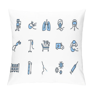 Personality  Artificial Lung Ventilation Flat Line Icons Set Blue Color. Vector Illustration Coronovirus Test And Medical Equipment For Covid-19. Nasal Swab Laboratory Test, Icu, Oxygen Mask, Mouth-to-mouth Pillow Covers