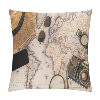 Personality  Top View Of Straw Hat, Sunglasses, Film Camera, Magnifier, Compass And Smartphone With Blank Screen On World Map Pillow Covers