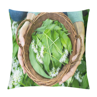 Personality  Close Up Of Woman Holding Basket Of Hand Picked Wild Garlic In Woodland Pillow Covers