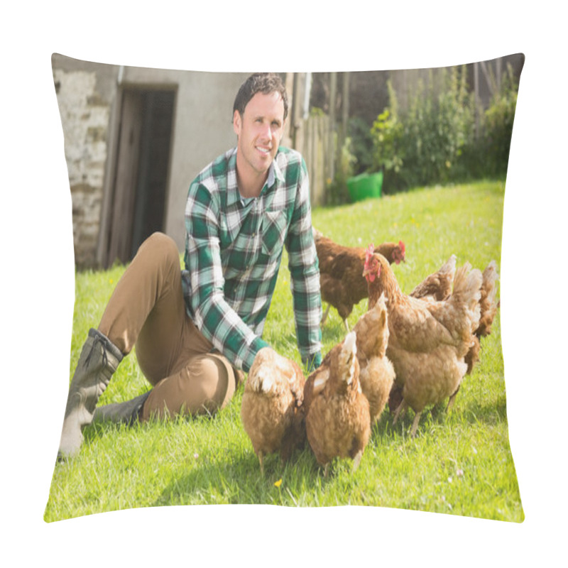 Personality  Young Man Feeding His Chickens Smiling At Camera Pillow Covers