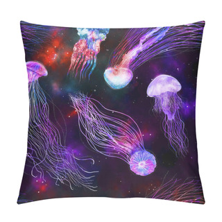 Personality  Pattern Seamless Jellyfishes Space Colorful Repeat Texture Wallpaper Illustration Night Galaxy Mix With Watercolor Jelly Fishes In Bright Style Vivid Blue Purple Violet Isolated On Dark Background, Fashion Pillow Covers