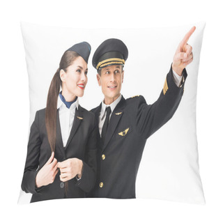 Personality  Pilot Pointing Showing Stewardess Something Isolated On White Pillow Covers