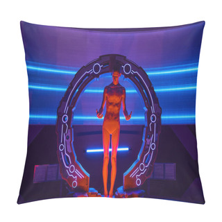 Personality  Futuristic Technologies, Full Length Of Alien Standing In High-tech Device In Experimental Lab Pillow Covers