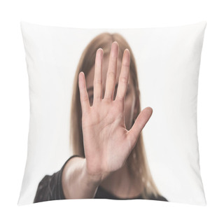 Personality  Selective Focus Of  Female Victim Of Bullying Showing Stop Sign Isolated On White Pillow Covers