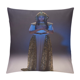 Personality  Full Length Of Woman In Egyptian Attire Looking At Camera On Brown Background With Blue Light Pillow Covers
