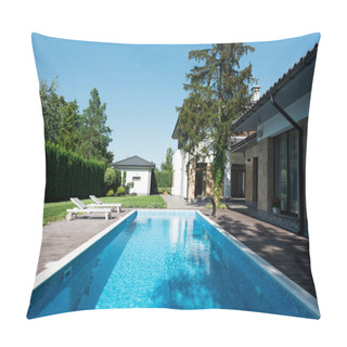 Personality  View Of House, Garden And Swimming Pool With Sunbeds For Relax Pillow Covers