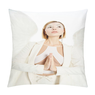 Personality  Woman With Angelic Face And Light Wings Looking Away And Praying On White Backdrop Pillow Covers