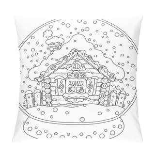 Personality  Black And White Vector Illustration Of A Christmas Crystal Ball With A Snow-covered Small Log House And Falling Snow Inside Pillow Covers