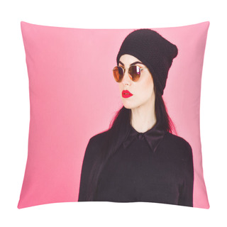 Personality  Casual Style Concept. Student With Bright Lips Wearing Casual Style. Pillow Covers