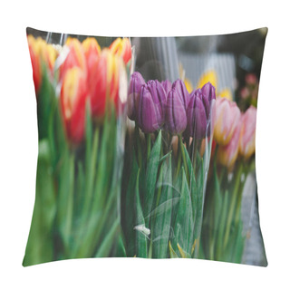 Personality  Closeup Purple Tulips Among Other Flowers Pillow Covers