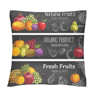Personality  Exotic Tropical And Garden Fruits Harvest, Vector Chalk Sketch Banners. Ripe Juicy Fruits Apple, Orange And Pomegranate, Pear, Peach And Pineapple, Organic Bio Farm Grapes And Plums Pillow Covers