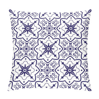 Personality  Delft Dutch Tiles Pattern Vector With Blue And White Ornaments. Portuguese Azulejo, Mexican, Spanish, Arabic Or Moroccan Motifs. Tiled Background For Wallpaper, Surface Texture, Wrapping Or Fabric. Pillow Covers