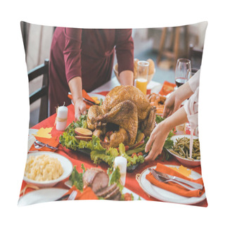 Personality  Cropped Shot Of Women Serving Tray Wih Turkey On Thanksgiving Table Pillow Covers