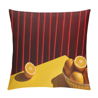 Personality  Classic Still Life With Oranges In Wicker Basket On Yellow Table Near Red Curtain Pillow Covers
