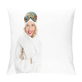 Personality  Beautiful Woman In Winter Clothes With Ski Goggles On Head Smiling, Looking At Camera And Shivering Isolated On White Pillow Covers