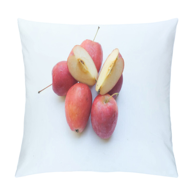 Personality  Group of fresh organic ripe red-yellow Dwarf Apple, princess apples,apple, mini apple, small apple,cherry apple, Shiny red apples Whole apple, half and a slice with green leaf on white backdrop pillow covers