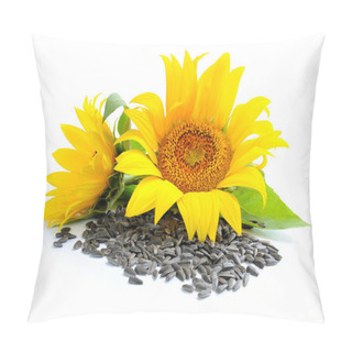 Personality  Yellow Sunflowers And Sunflower Seeds On A White Background Pillow Covers