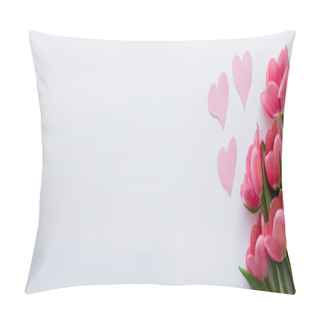 Personality  Top View Of Bouquet Of Tulips Near Paper Hearts On White, Banner Pillow Covers