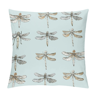 Personality  Watercolor Seamless Pattern Of Dragonfly, Muted Color Sketch Isolated On Light Blue Background. Elegant Insect Drawn By Hand With Ink Border. Pillow Covers