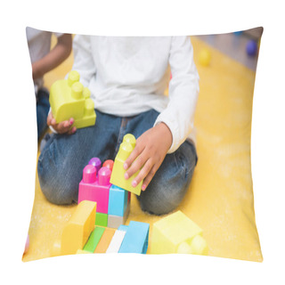 Personality  Cropped Image Of African American Kid Playing With Constructor In Kindergarten Pillow Covers