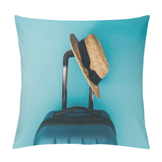 Personality  Top View Of Straw Hat And Travel Bag On Blue Background Pillow Covers