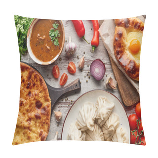 Personality  Aadjarian And Imereti Khachapuri, Khinkali And Soup Kharcho On Table With Vegetables  Pillow Covers