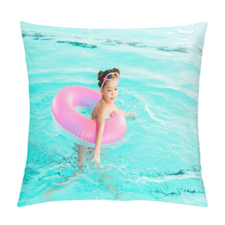 Personality  Happy Child In Googles Learning Swimming With Inflatable Ring In Swimming Pool Pillow Covers