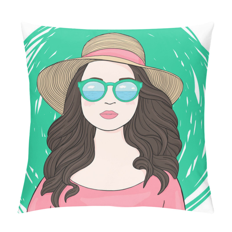 Personality  Fashionable Woman With Long Dark Hair, Mirrored Glasses And A Summer Hat. Hand-drawn. Pillow Covers