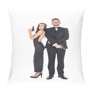 Personality  Elegant Couple Of Secret Agents In Black Clothes Posing With Guns, Isolated On White Pillow Covers