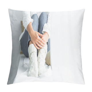 Personality  Cropped View Of Woman In White Sweater And Jeans Sitting In Apartment  Pillow Covers