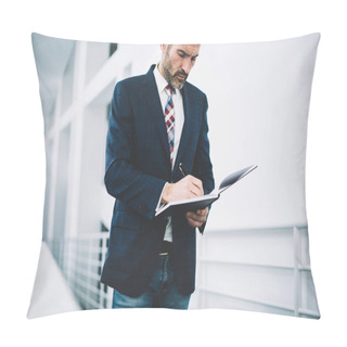 Personality  Pensive Mature Proud Ceo Dressed In Formal Wear Writing Down Records In Notepad Developing Business Strategy.Concentrated Businessman 50 Years Old Signing Financial Documents Of Corporate Company Pillow Covers