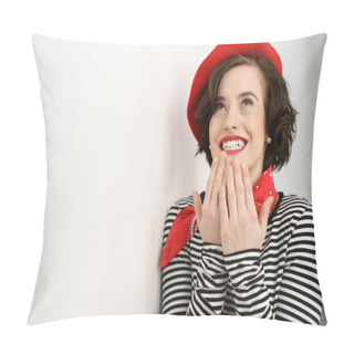 Personality Excited Young Woman Looking Up In Anticipation Pillow Covers