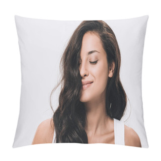 Personality  Smiling Brunette Beautiful Woman With Closed Eyes And Long Healthy And Shiny Hair Isolated On Grey Pillow Covers